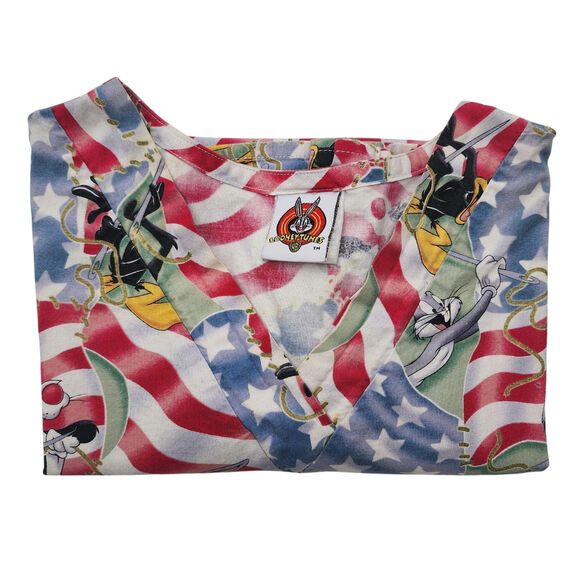 Looney Tunes Scrub Top USA Flag Bugs Bunny Tweety Sylvester Daffy Size Small HTF - Picture 7 of 7
